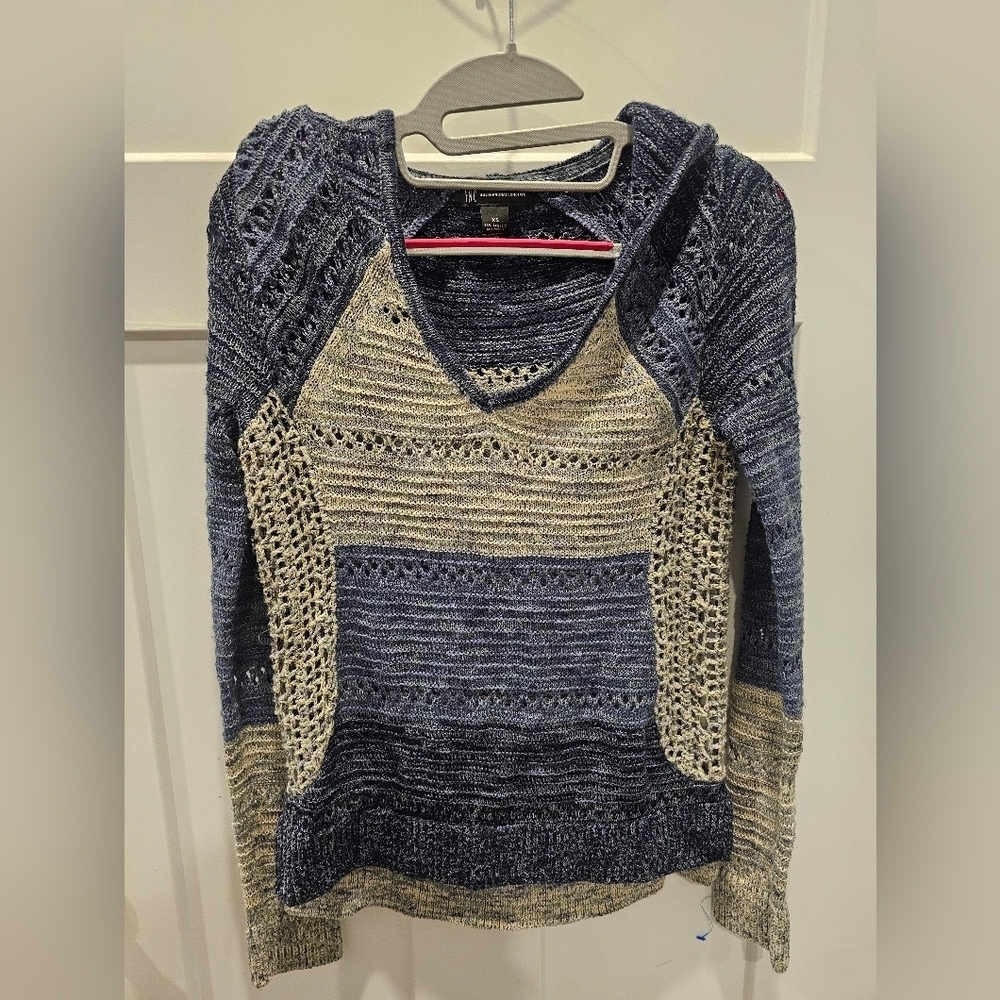 INC International Concepts Open Knit Striped Sweater Women’s XS Blue Beige V-Nec